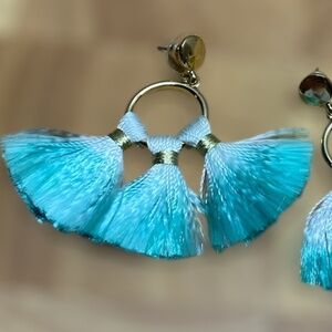 *tassel fringe hoop earrings teal white with gold tone